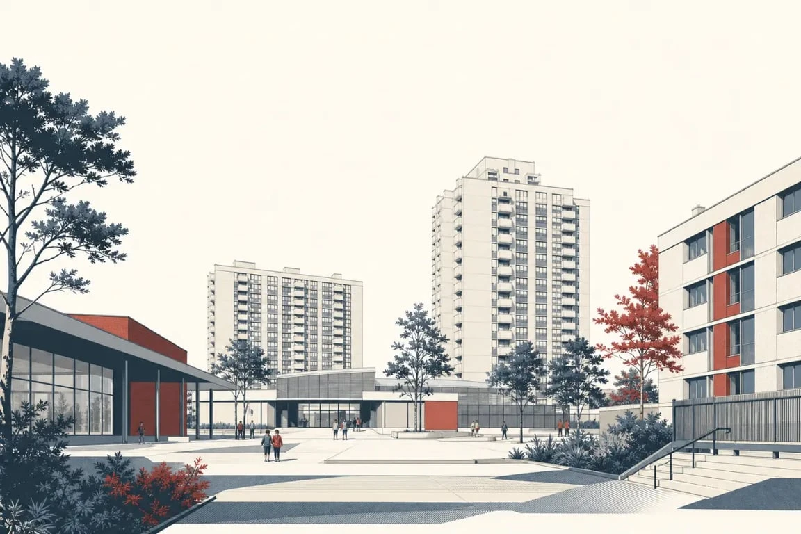 Le quartier Caen chemin vert en vue urbaine avec logements et équipements publics