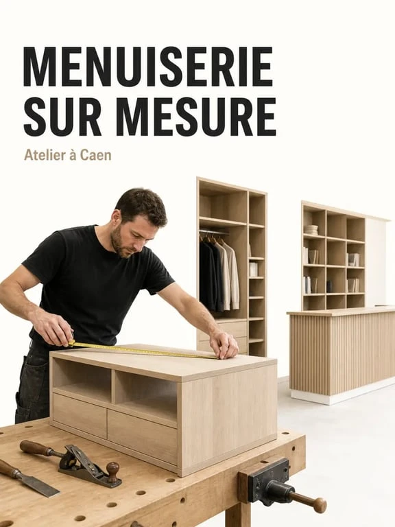 Menuisier Caen en atelier réalisant un meuble sur-mesure et un agencement intérieur
