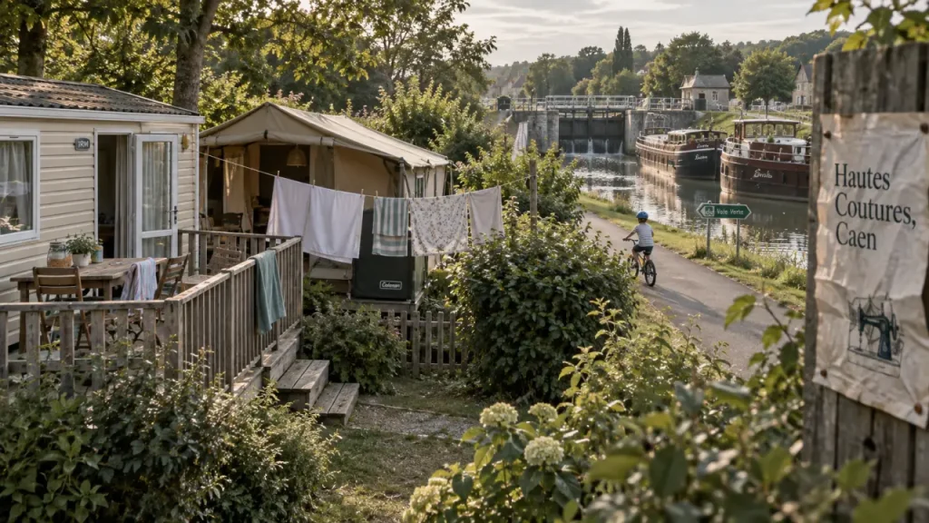 Capfun Caen plage : mobil-home dans un camping vert, vélo et canal