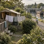 Capfun Caen plage : mobil-home dans un camping vert, vélo et canal