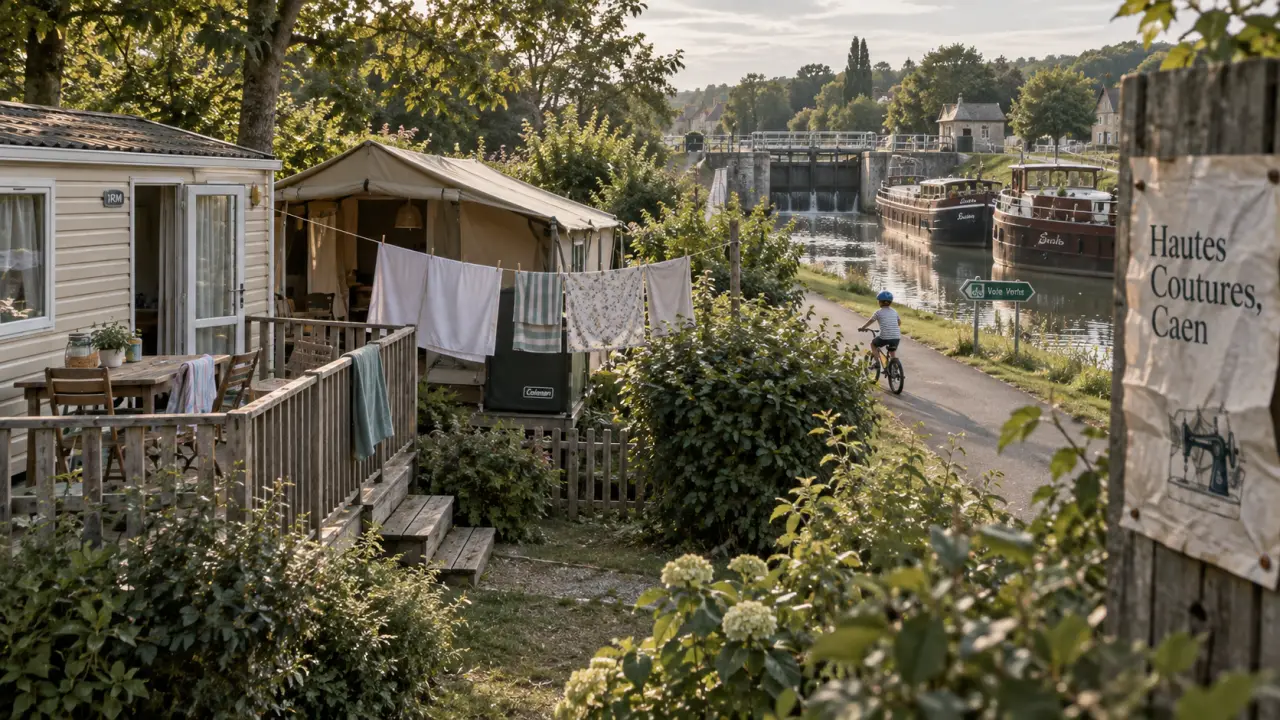 Capfun Caen plage : mobil-home dans un camping vert, vélo et canal