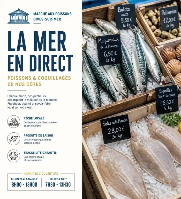Étal de poissons frais à la halle aux poissons du port de pêche de Dives-sur-Mer