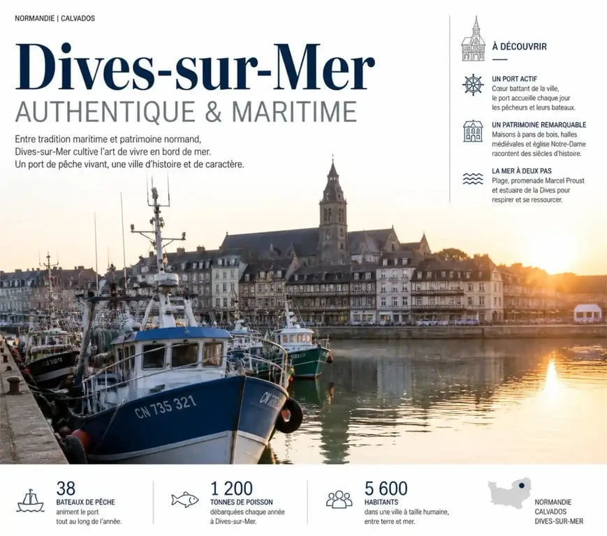 Vue panoramique du port de pêche de Dives-sur-Mer avec ses bateaux traditionnels
