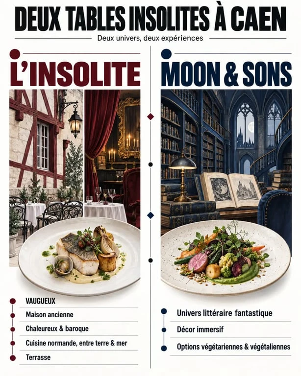 Infographie comparative de deux restaurants insolites à Caen : L’Insolite et Moon & Sons