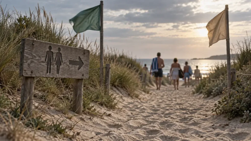 Entrée plages naturistes en Normandie, sentier sableux et panneaux bois