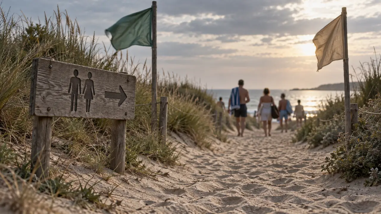 Entrée plages naturistes en Normandie, sentier sableux et panneaux bois
