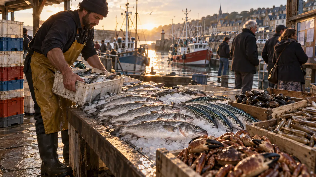 Port de pêche de Dives sur Mer : halle aux poissons, pêcheur déchargeant des caisses