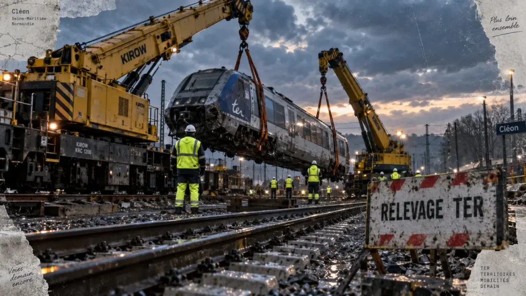 À Cléon, le relevage du TER Rouen-Caen se poursuit avec deux grues géantes