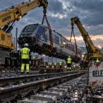 À Cléon, le relevage du TER Rouen-Caen se poursuit avec deux grues géantes