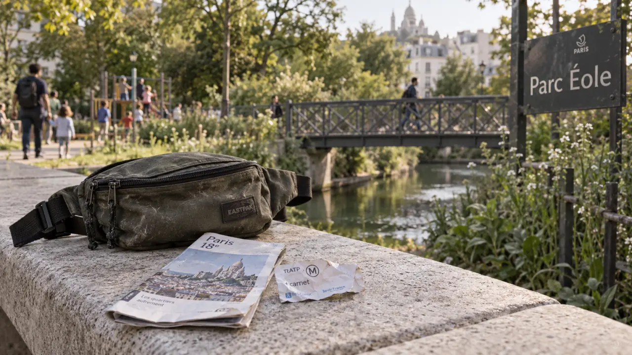 Parc Éole à Paris : banc, sac banane et panneau Parc Éole